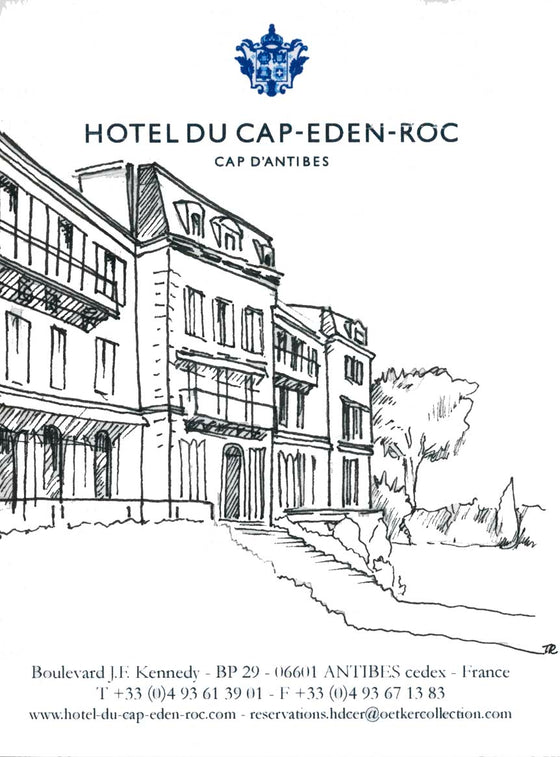 This is a one-of-a-kind sketch on collected hotel stationery from Hotel du Cap-Eden-Roc in Antibes, France. This drawing is signed in pen and comes with a certificate of authenticity by the artist, Tess Ramirez.