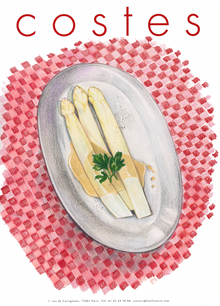  Drawing of white asparagus at La Fontaine de Mars on Hotel Costes letterhead. Colored pencil on paper by Tess Ramirez