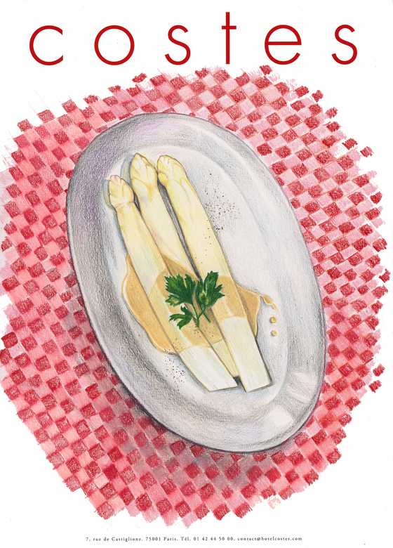 Drawing of white asparagus at La Fontaine de Mars on Hotel Costes letterhead. Colored pencil on paper by Tess Ramirez