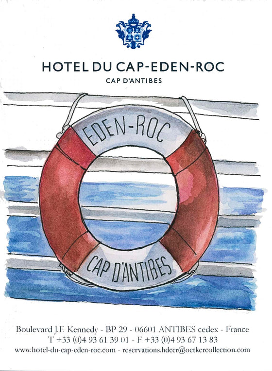 This is a one-of-a-kind sketch on collected hotel stationery from Hotel du Cap-Eden-Roc in Antibes, France. This drawing is signed in pen and comes with a certificate of authenticity by the artist, Tess Ramirez.