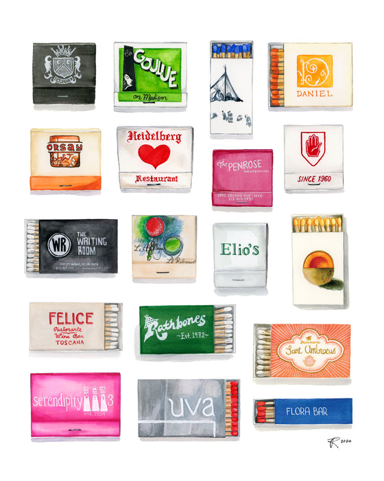 A collection of hand painted matchbooks from Upper East Side restaurants and bars